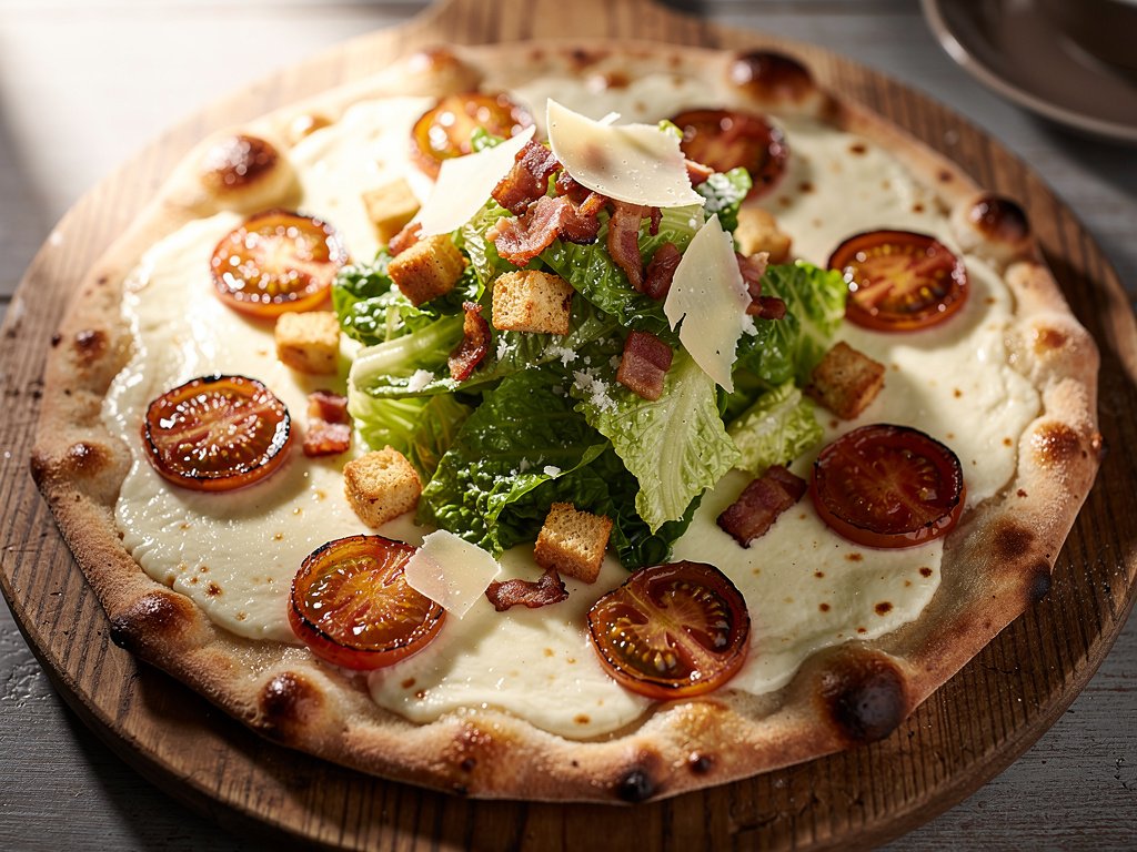 Crispy Flatbread Caesar Salad with Bacon and Mozzarella