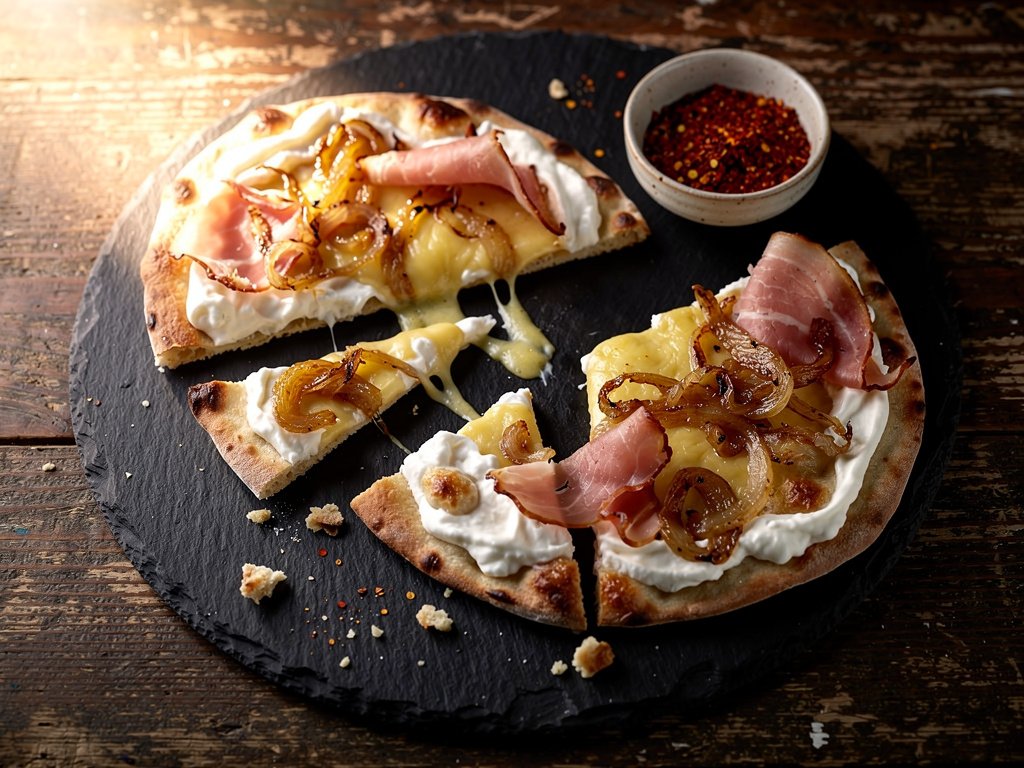 Crispy Flatbreads with Caramelized Onion, Ham, and White Cheddar
