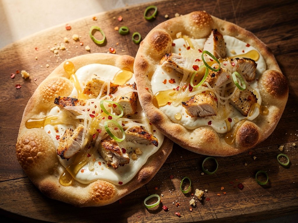 Crispy Flatbreads with Creamy Garlic Chicken and Honey Drizzle