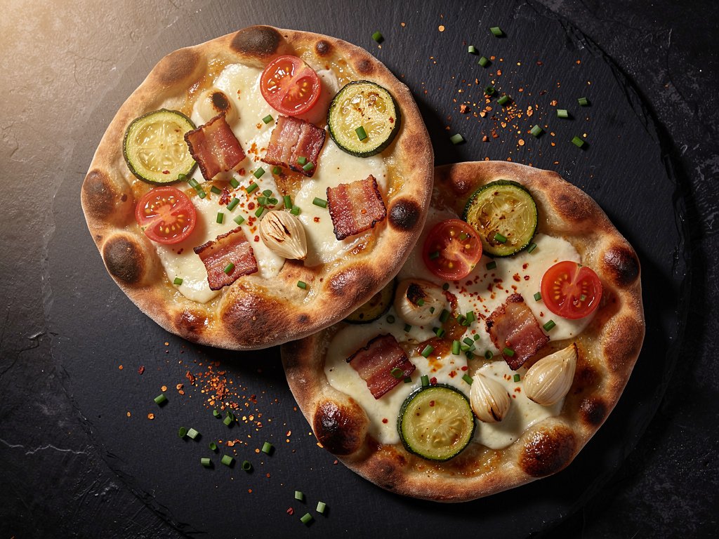 Crispy Flatbreads with Creamy White Sauce, Bacon, Mushrooms & Zucchini