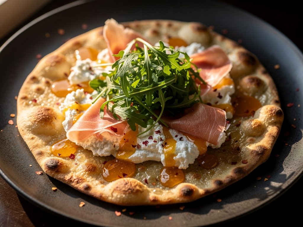 Crispy Flatbreads with Prosciutto, Ricotta, and Peach Jam