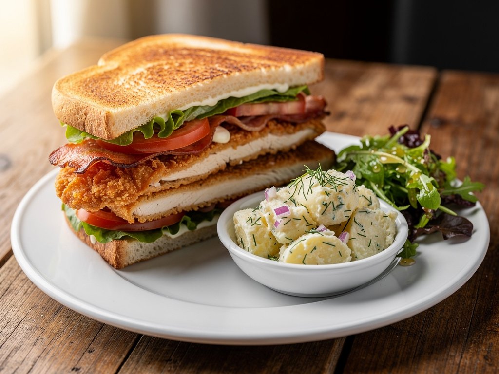 Crispy Fried Chicken BLT Sandwich with Dill Potato Salad