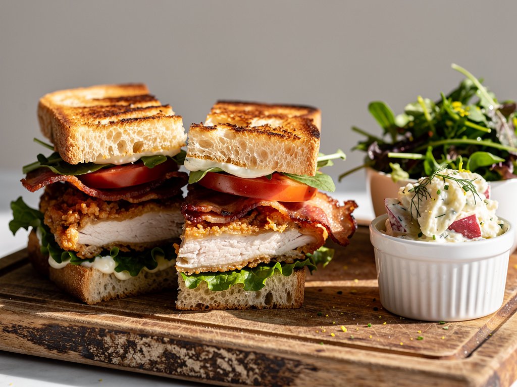 Crispy Fried Chicken BLT Sandwich with Creamy Dill Potato Salad