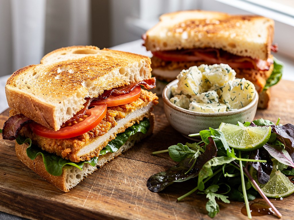 Crispy Fried Chicken BLT Sandwiches with Dill Potato Salad