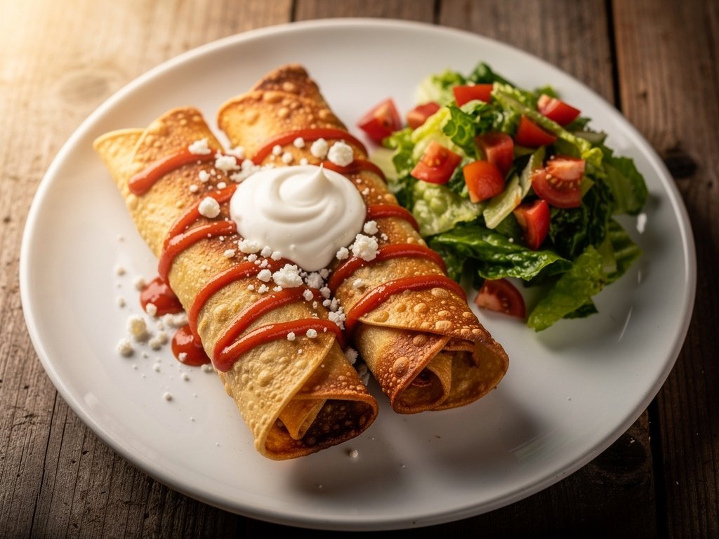 Crispy Fried Chicken Taquitos with Romaine Salad and Cotija Cheese