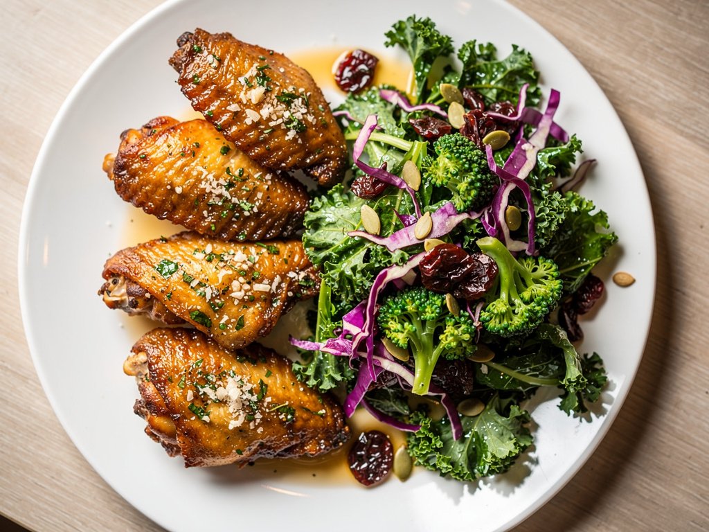 Crispy Garlic Herb Parmesan Chicken Wings with Sweet Kale Salad
