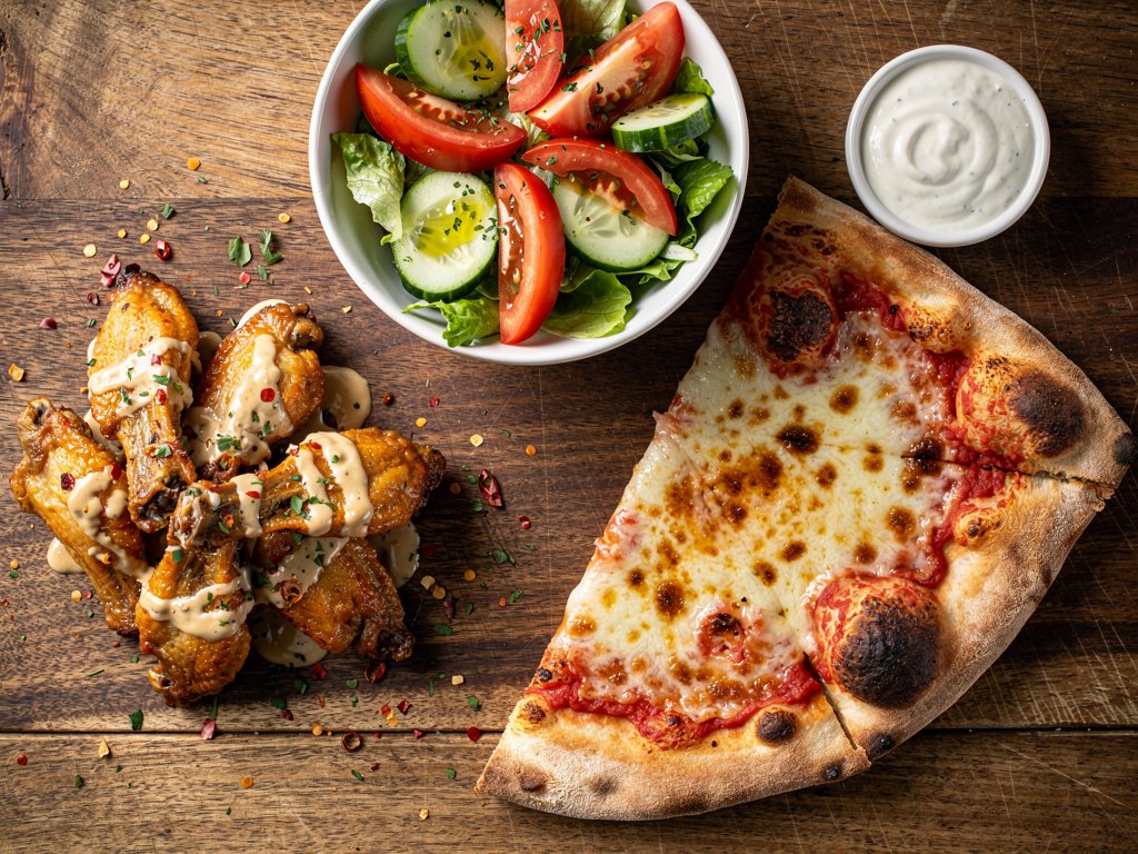 Crispy Garlic Parmesan Wings with Homemade Cheese Pizza and Italian Salad