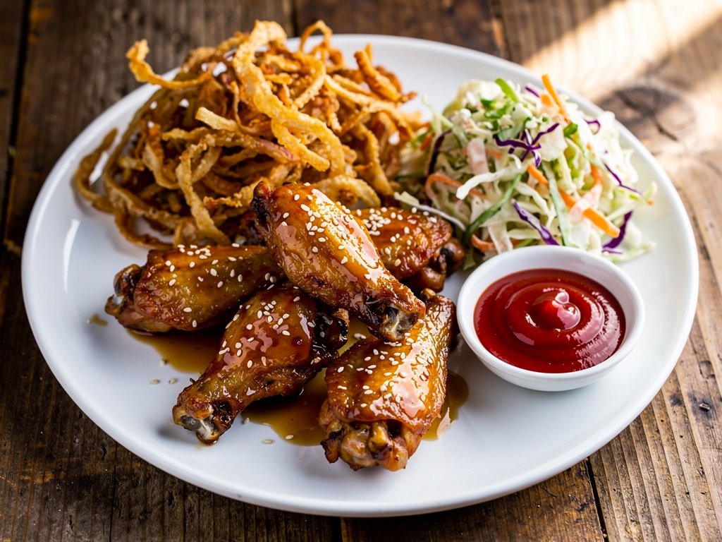 Crispy Honey Garlic Chicken Wings with Fried Onion Petals and Tangy Coleslaw
