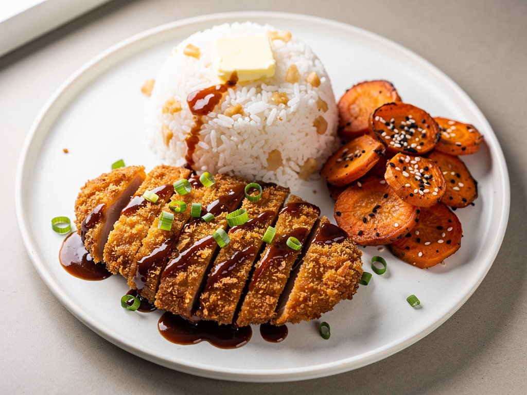 Crispy Japanese-Style Pork Katsu with Ginger Rice and Sesame Carrots