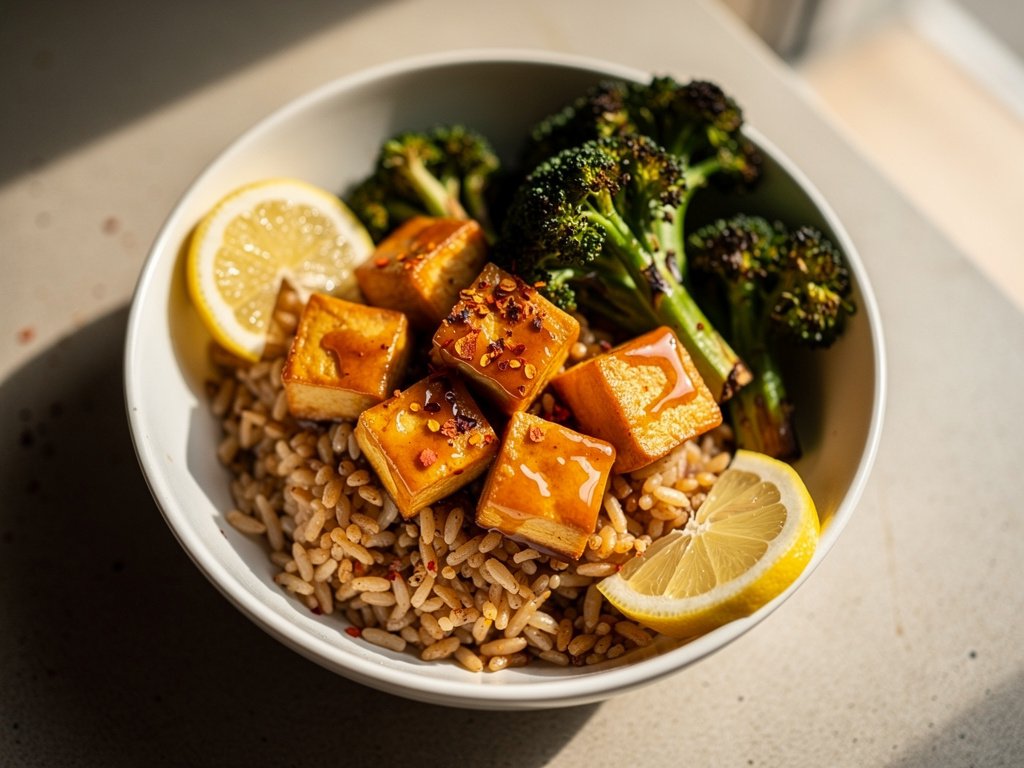 Crispy Lemon Maple Tofu with Roasted Broccoli and Brown Rice