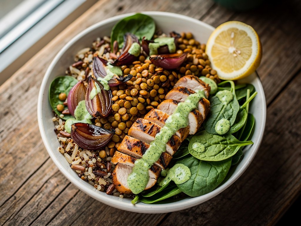 Crispy Lentil and Chimichurri Chicken Grain Bowl with Roasted Red Onion