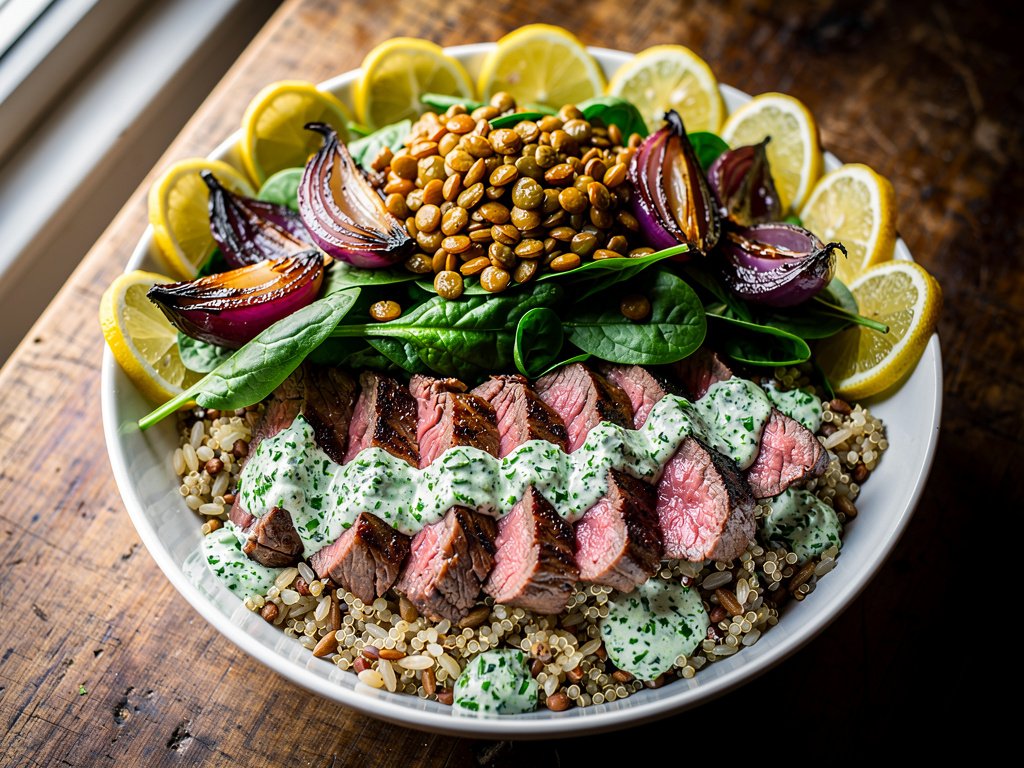 Crispy Lentil and Steak Grain Bowls with Chimichurri Yogurt