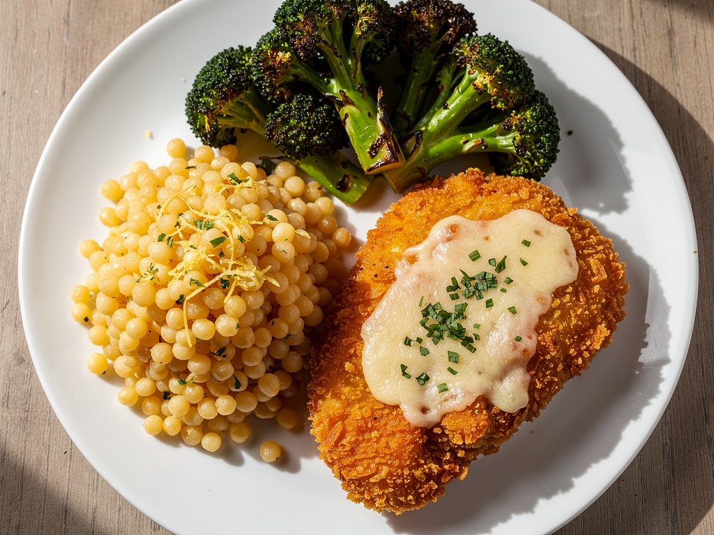 Crispy Mozzarella Herb Chicken with Roasted Broccoli and Buttery Couscous