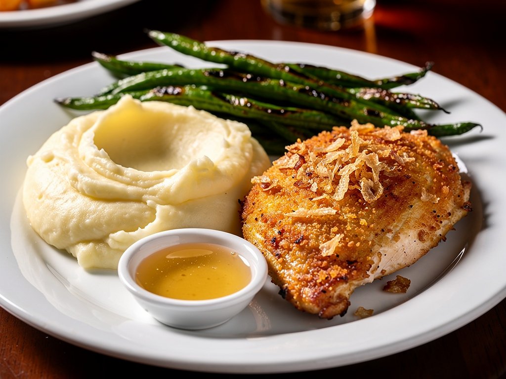 Crispy Onion-Crusted Chicken with Creamy Mashed Potatoes and Roasted Green Beans