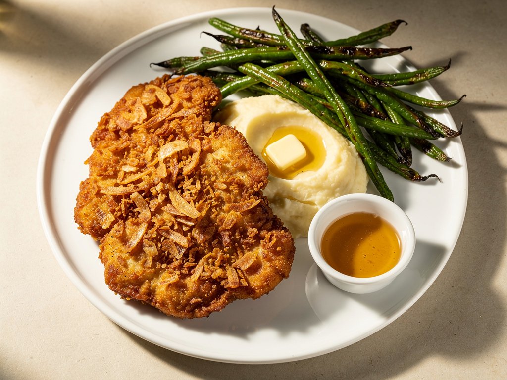 Crispy Onion-Crusted Chicken with Creamy Mashed Potatoes and Roasted Green Beans