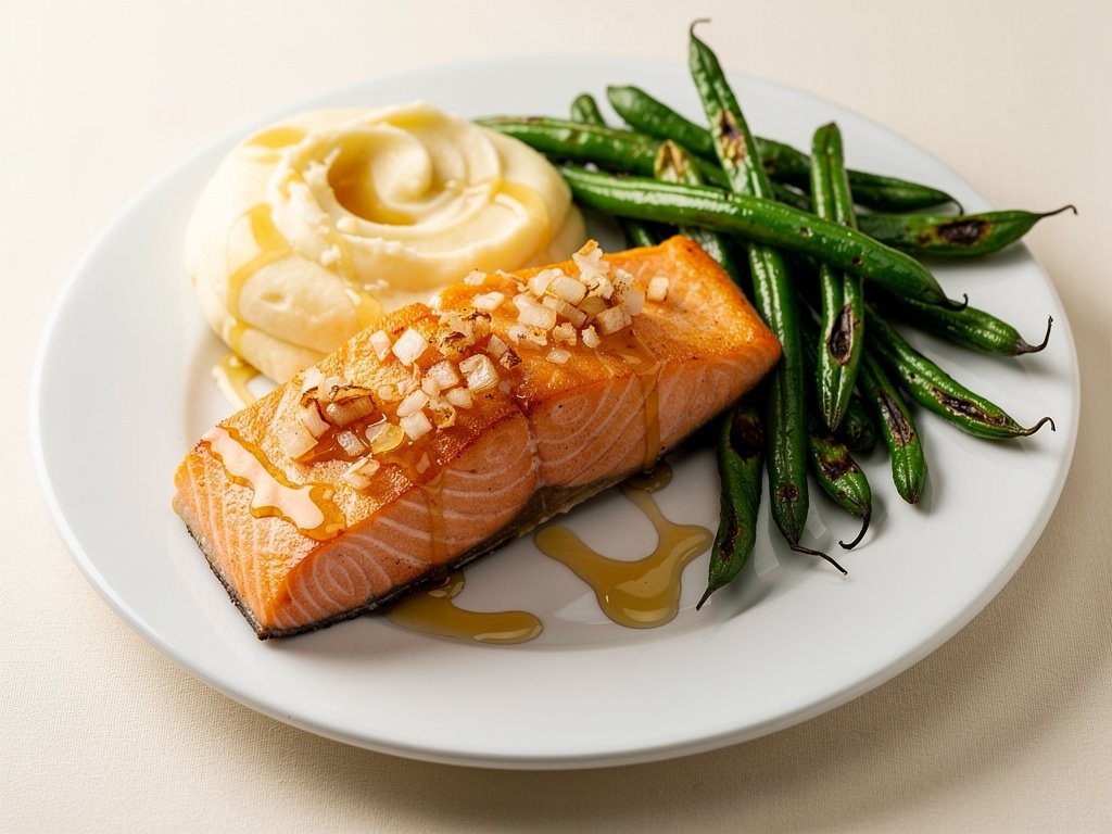 Crispy Onion-Crusted Salmon with Mashed Potatoes and Honey Dijon Green Beans
