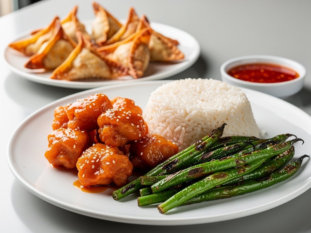 Crispy Orange Chicken with Szechuan Green Beans and Scallion Rangoon