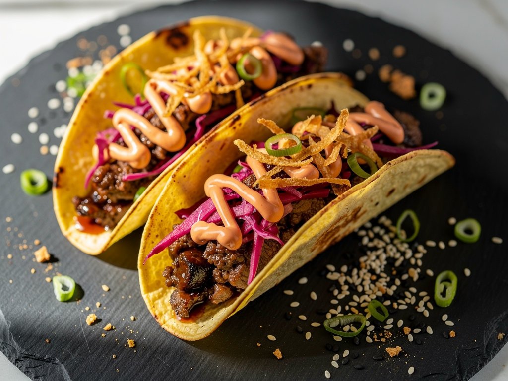 Crispy Pan-Seared Szechuan Beef Tacos with Pickled Cabbage Slaw