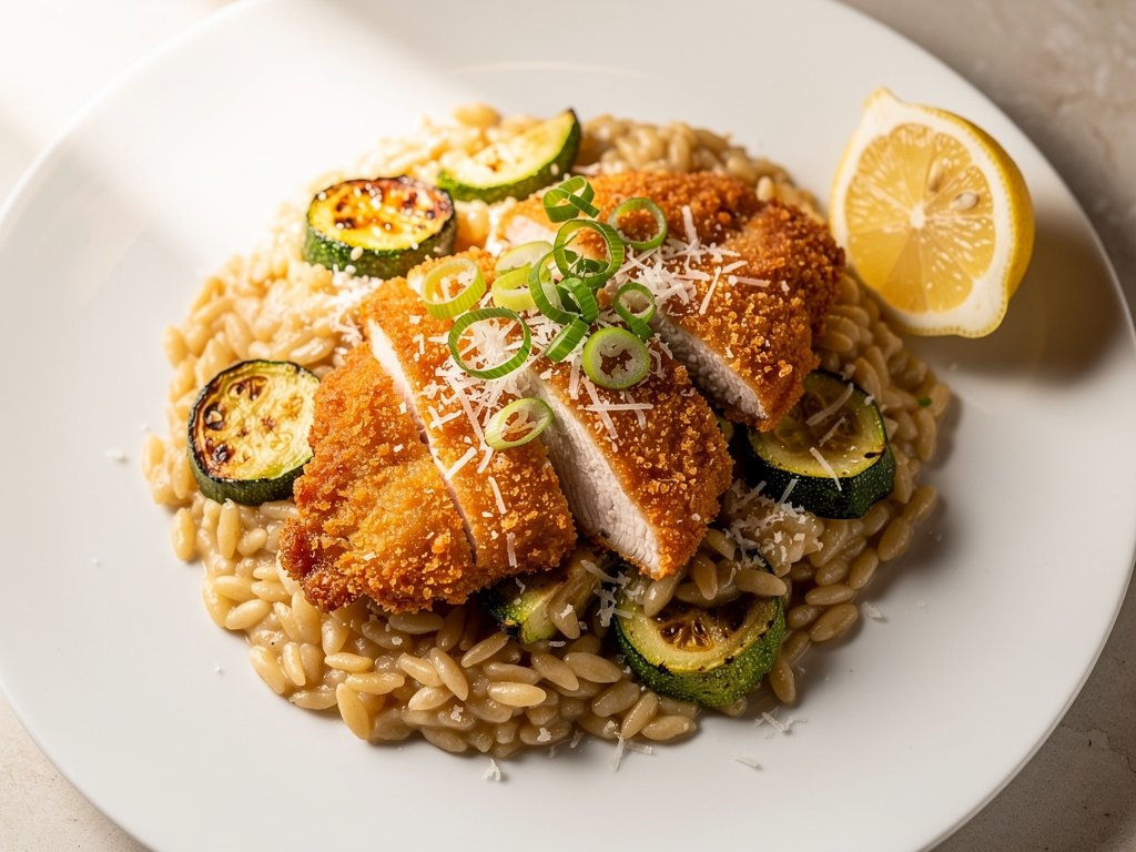 Crispy Panko Chicken with Creamy Lemon Orzotto and Roasted Zucchini