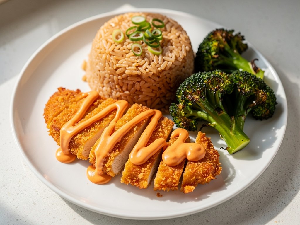 Crispy Panko Chicken with Ponzu Chili Mayo, Scallion Rice & Roasted Broccoli