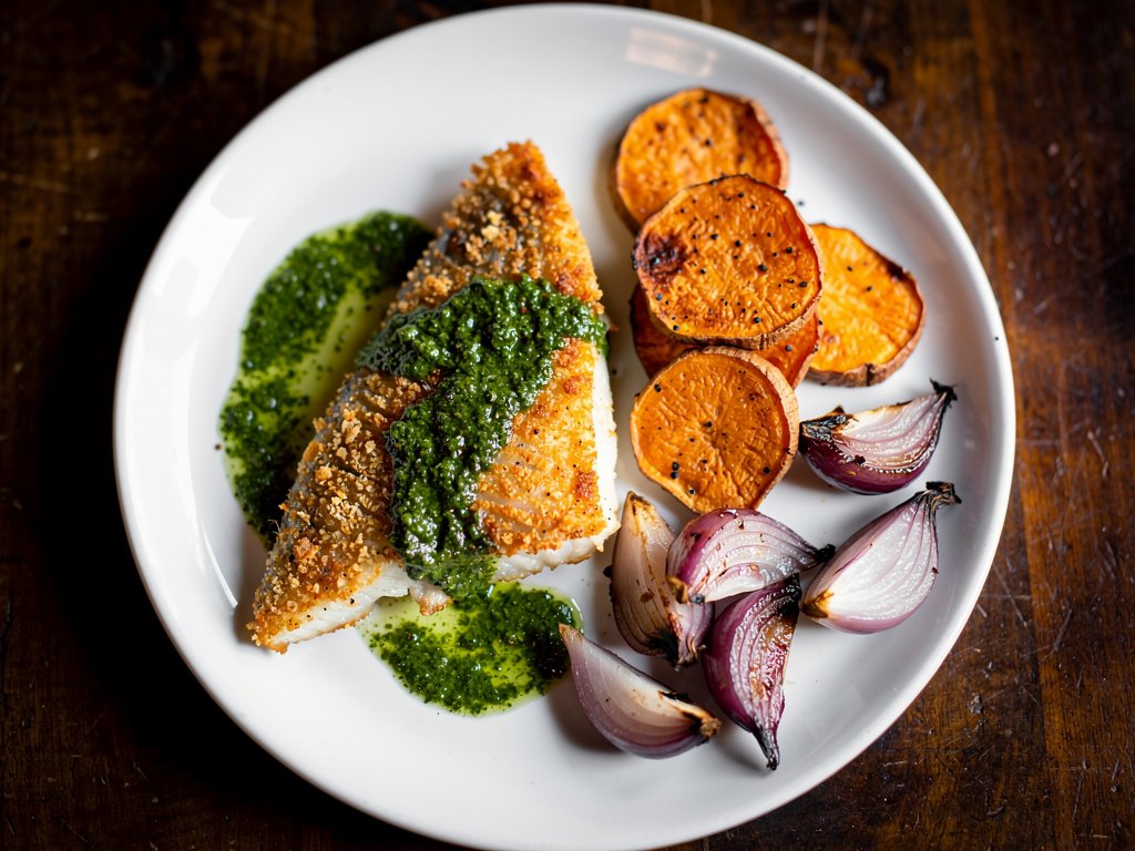 Crispy Panko-Crusted Barramundi with Chimichurri and Roasted Sweet Potatoes