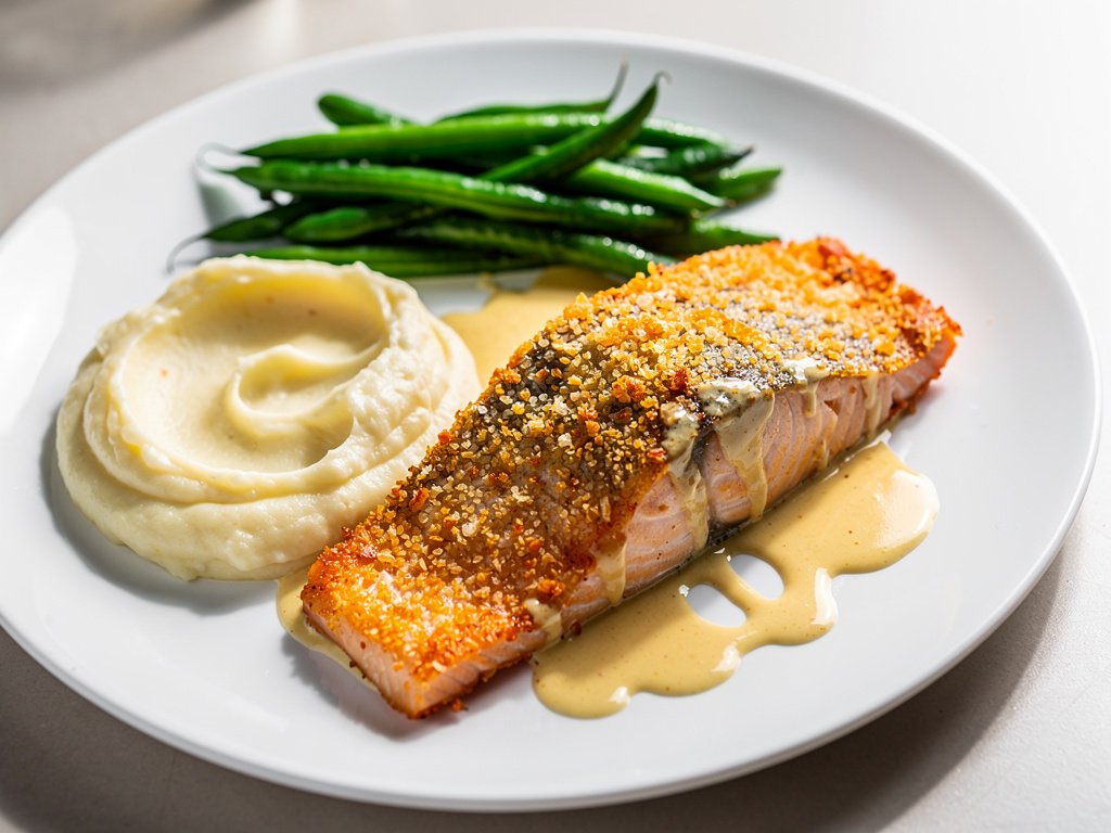 Crispy Panko-Crusted Rainbow Trout with Garlic Mashed Potatoes and Creamy Mustard Sauce