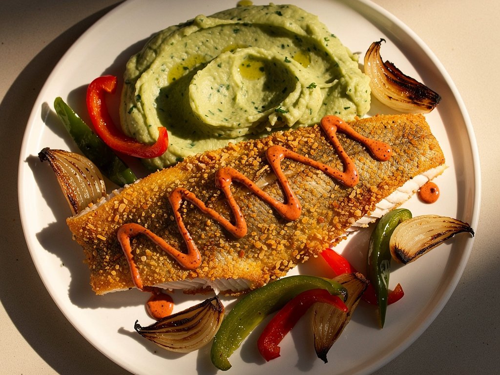 Crispy Panko-Crusted Trout with Chimichurri Mashed Potatoes and Roasted Peppers