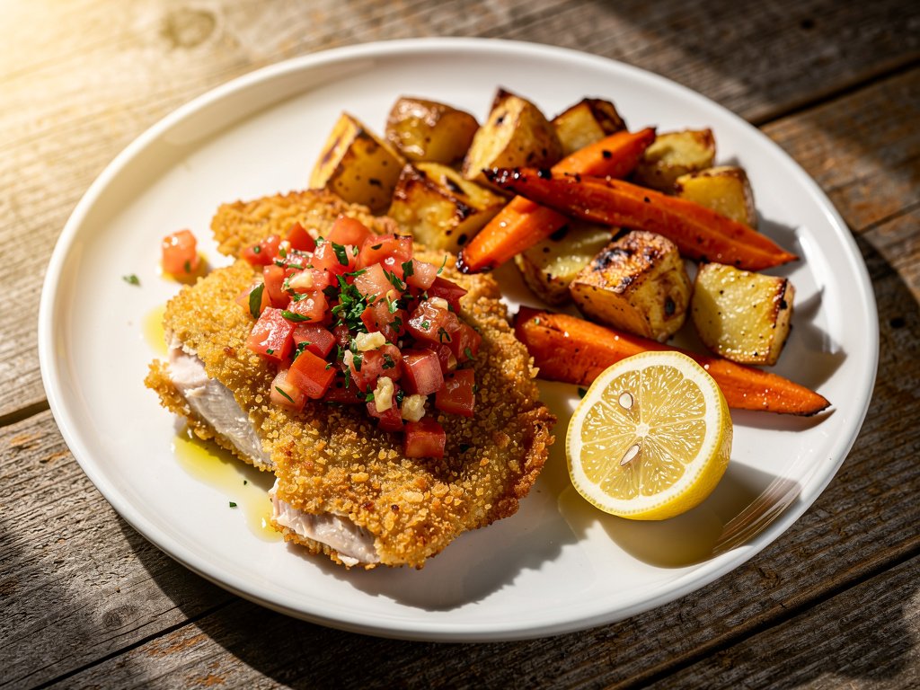 Crispy Panko Mozzarella Chicken with Bruschetta Topping and Roasted Potatoes & Carrots