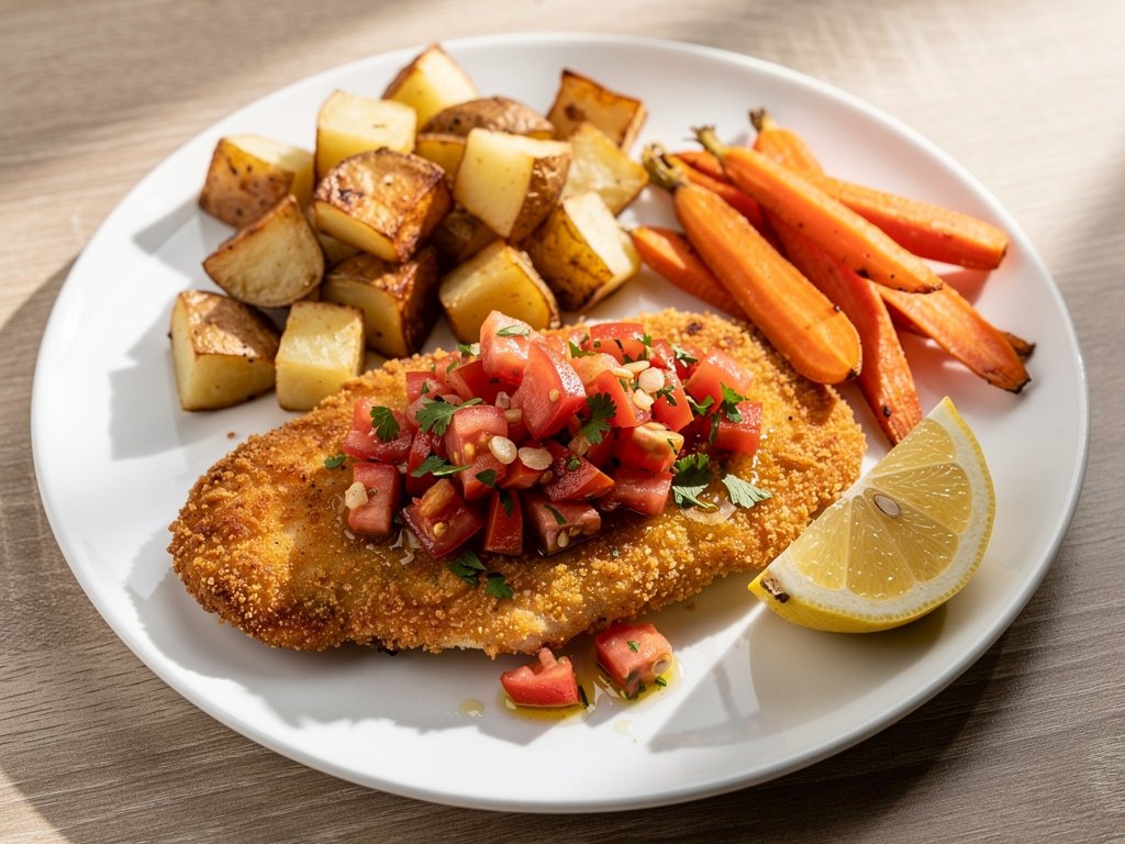 Crispy Panko Mozzarella Chicken with Bruschetta Topping and Roasted Veggies