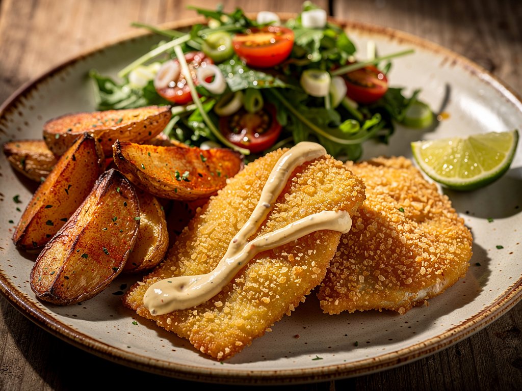 Crispy Panko Tilapia with Remoulade, Roasted Paprika Potatoes & Fresh Salad