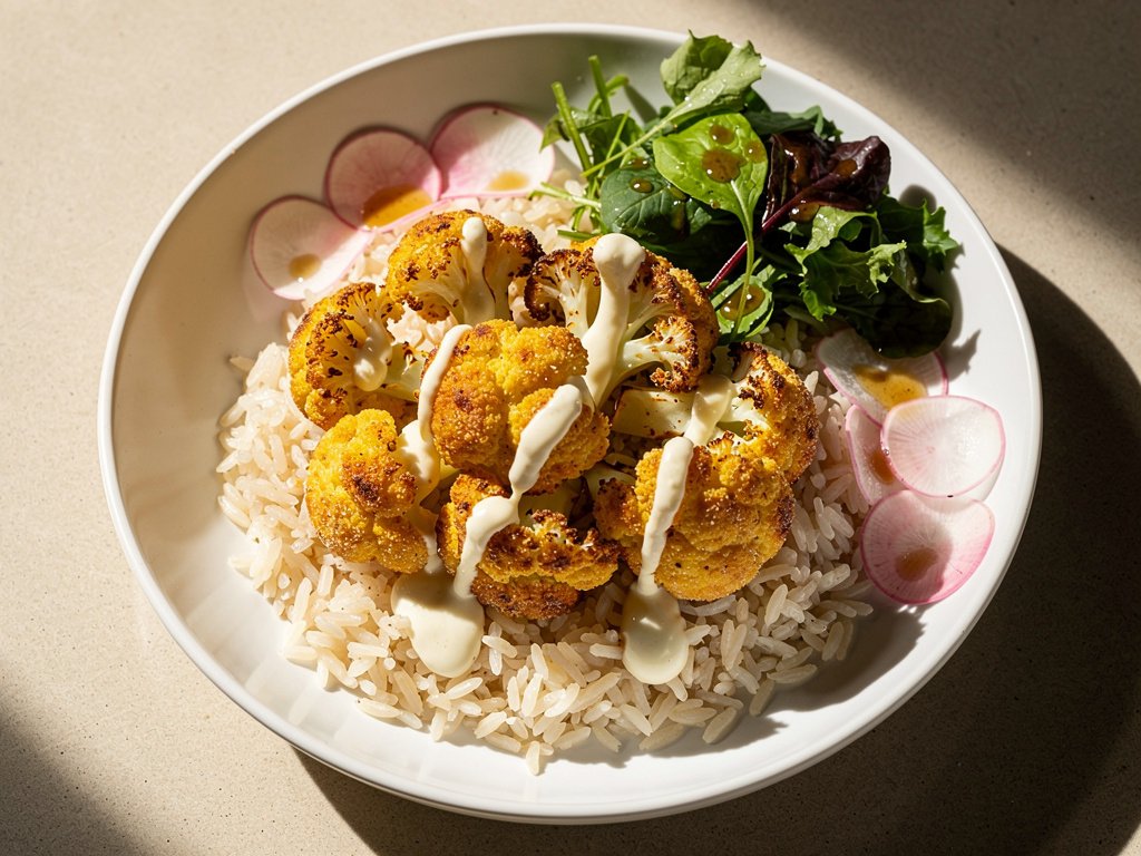 Crispy Parmesan Cauliflower Rice Bowls with Pickled Radishes and Garlic Sauce