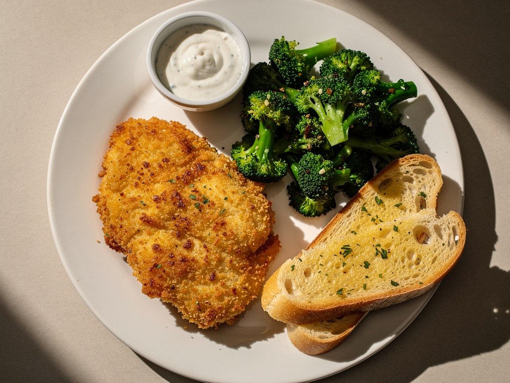 Crispy Parmesan Panko Chicken with Broccoli and Garlic Bread