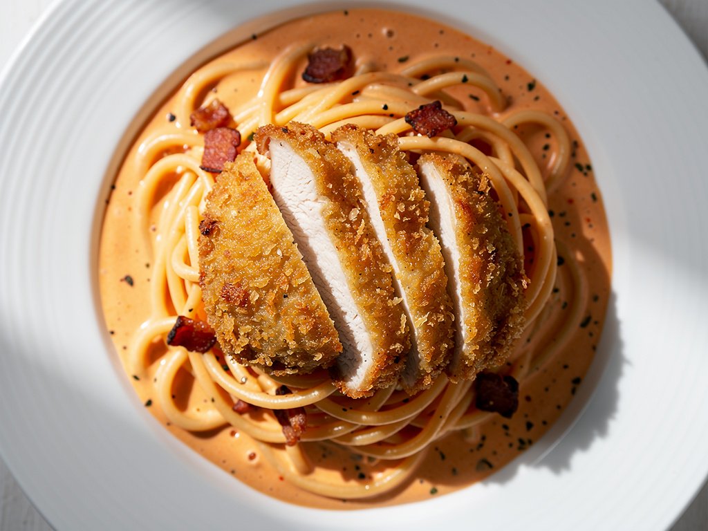 Crispy Parmesan Panko Chicken with Bacon Linguine in Light Tomato Cream Sauce