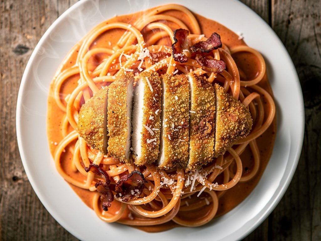 Crispy Parmesan Panko Chicken with Bacon Linguine in Light Tomato Cream Sauce