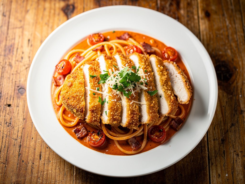 Crispy Parmesan Panko Chicken with Bacon Linguine in Light Tomato Cream Sauce