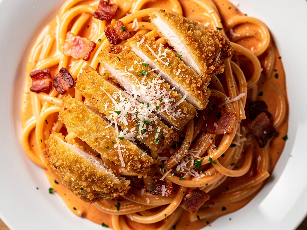 Crispy Parmesan Panko Chicken with Linguine in Light Tomato Cream Sauce