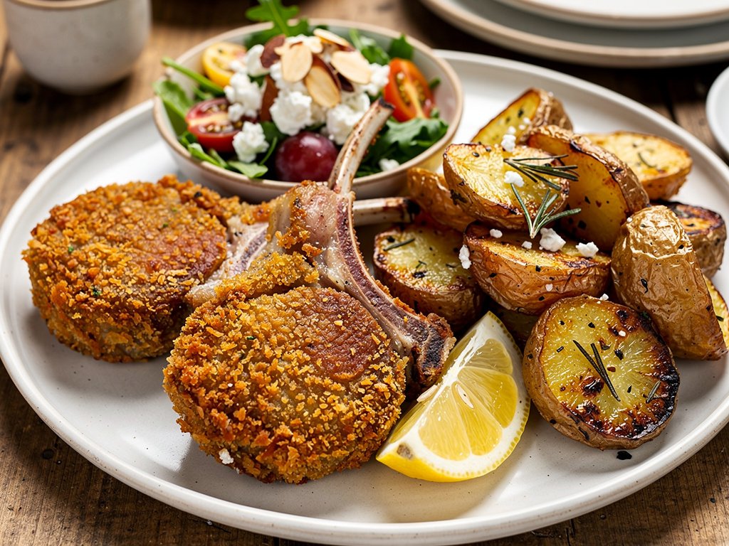 Crispy Parmesan Panko-Crusted Lamb Chops with Rosemary Potatoes and Feta Salad