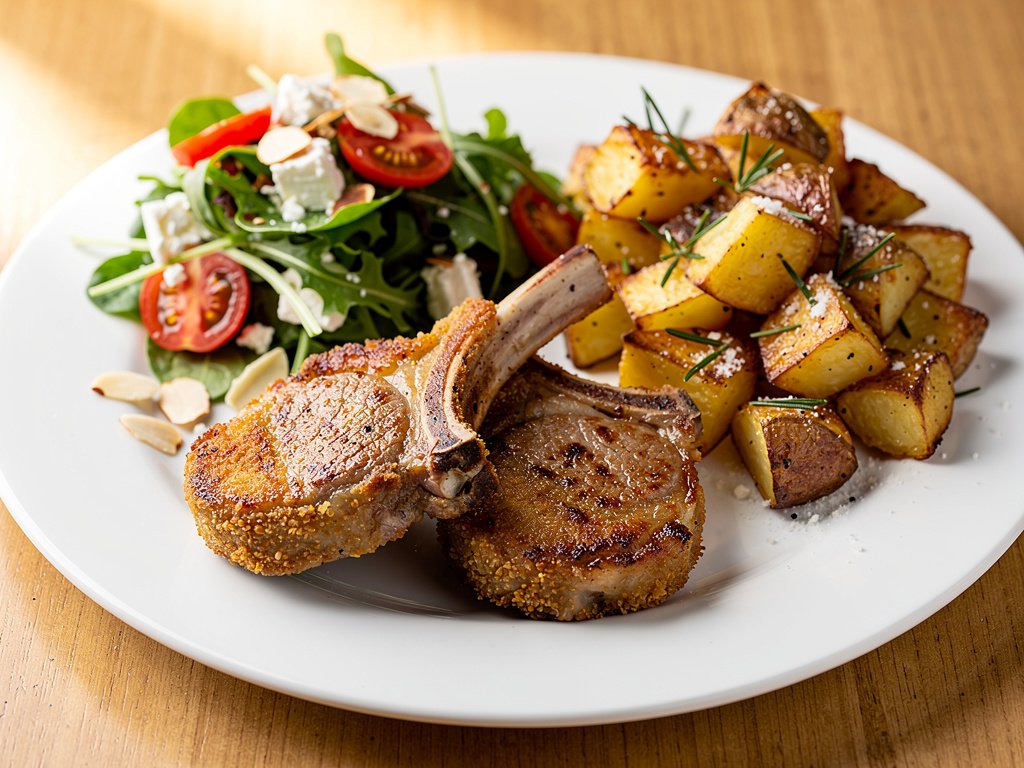 Crispy Parmesan Panko Lamb Chops with Rosemary Potatoes and Feta Salad