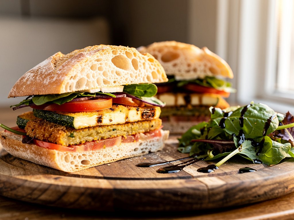 Crispy Parmesan Zucchini and Halloumi Sandwiches with Pesto and Balsamic Salad