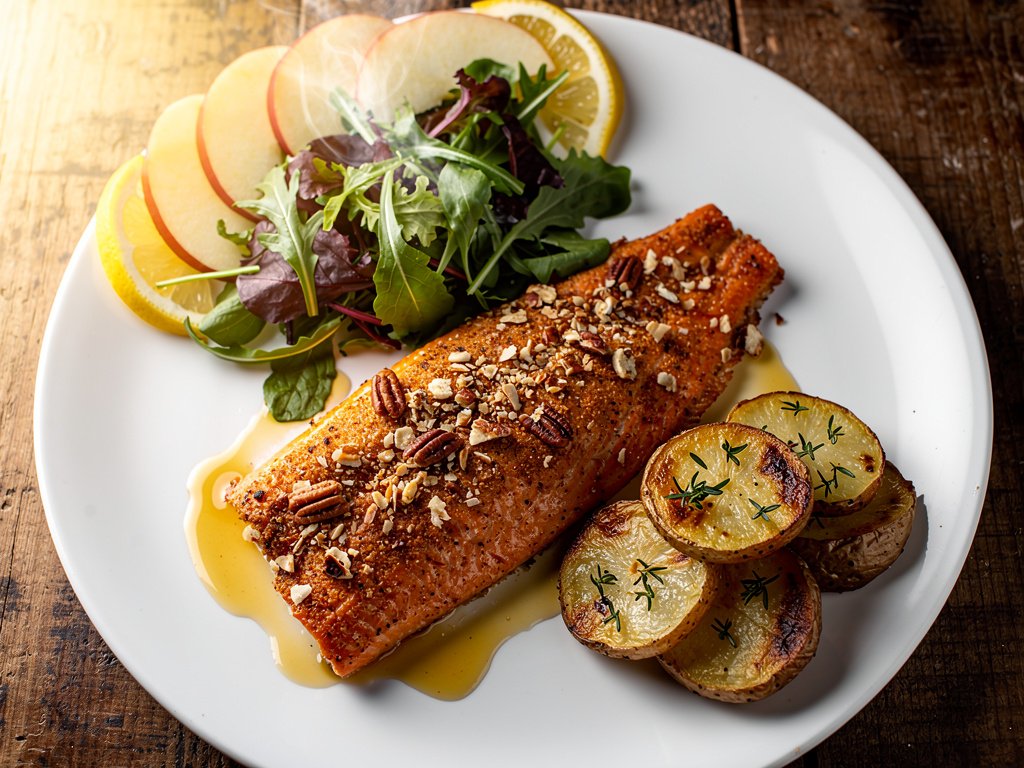 Crispy Pecan-Crusted Steelhead Trout with Roasted Potatoes and Apple Salad