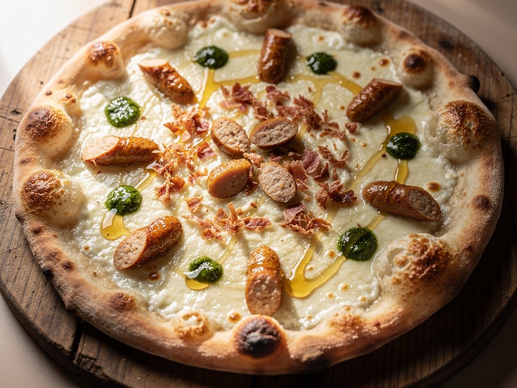 Crispy Prosciutto and Chicken Sausage White Pizzas with Honey Drizzle