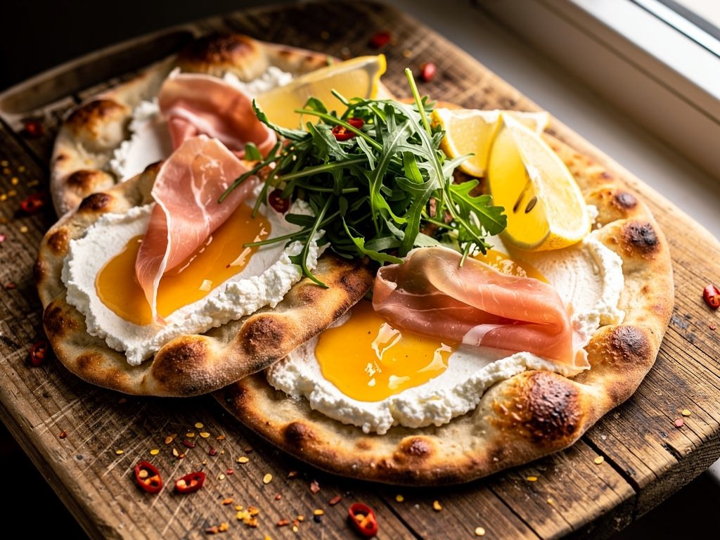 Crispy Prosciutto and Ricotta Flatbreads with Peach Jam and Arugula Salad