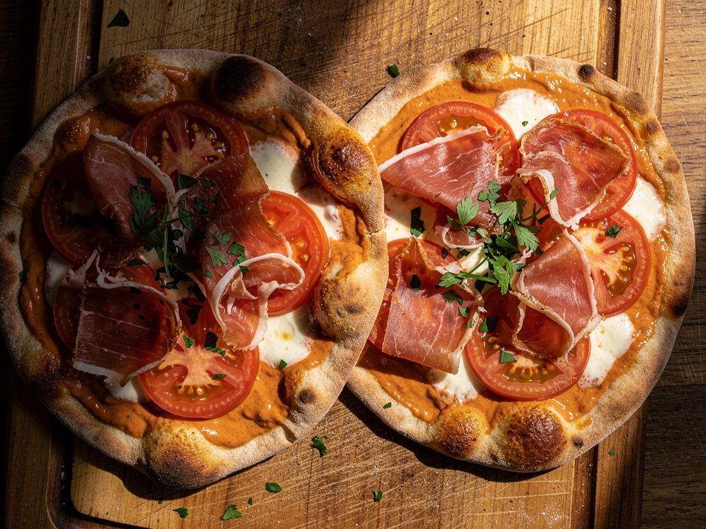 Crispy Prosciutto Flatbreads with Smoky Romesco and Melted Mozzarella
