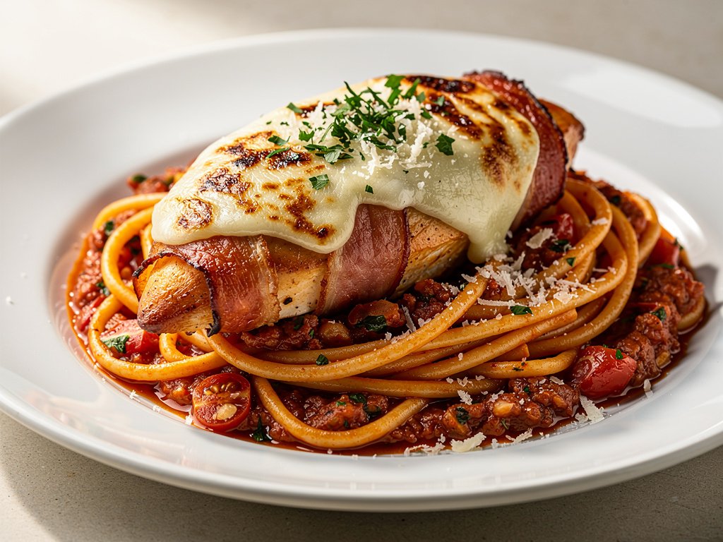 Crispy Prosciutto-Wrapped Chicken with Mozzarella over Tuscan Marinara Pasta