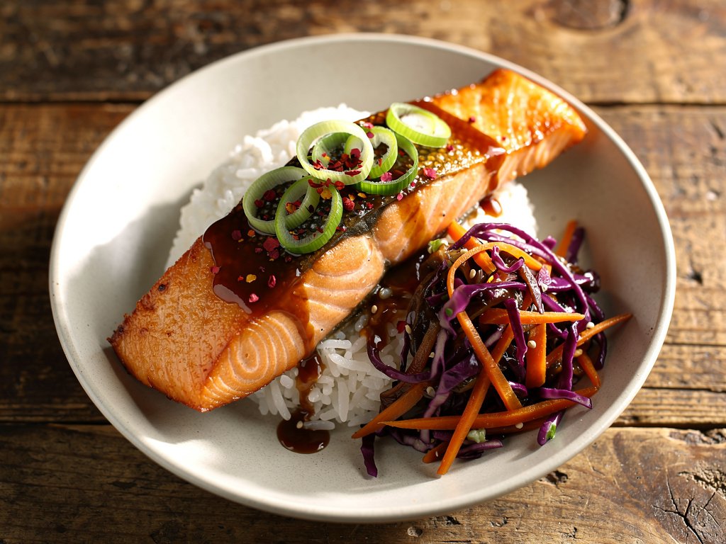 Crispy Salmon Rice Bowls with Ponzu-Hoisin Glaze and Sautéed Cabbage