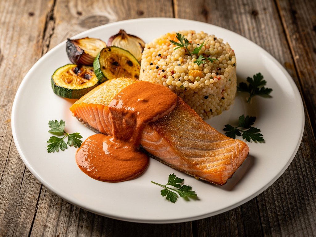 Crispy Salmon with Spicy Red Pepper Cream Sauce and Garlic Couscous