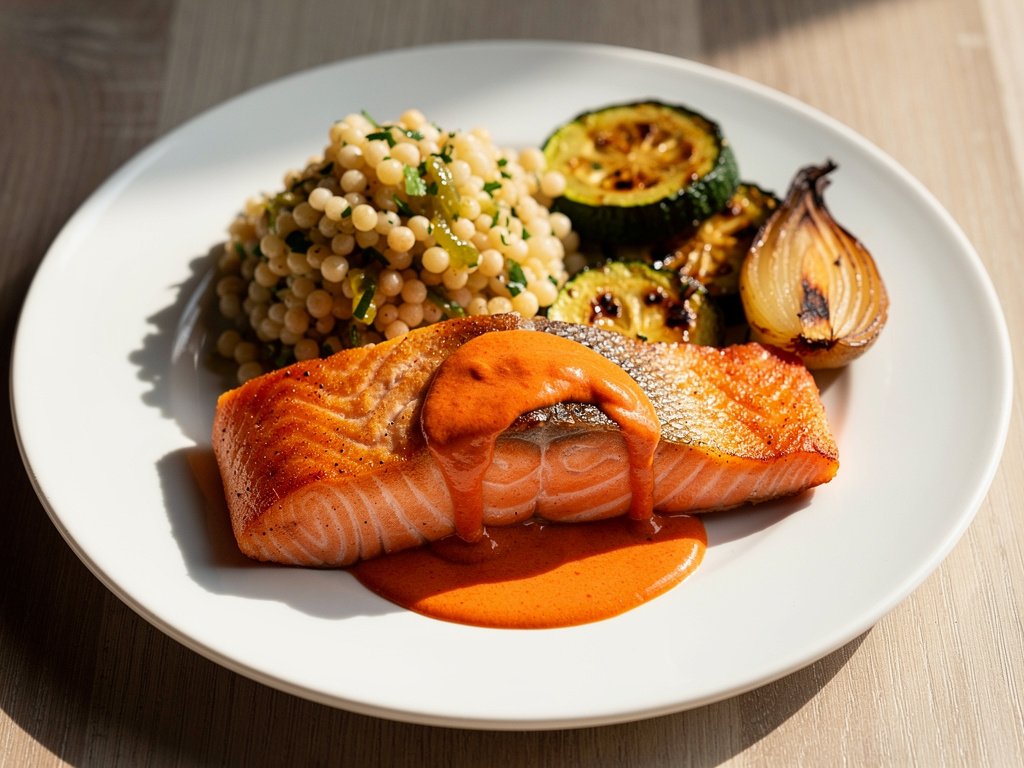 Crispy Salmon with Spicy Red Pepper Cream Sauce and Garlic Couscous