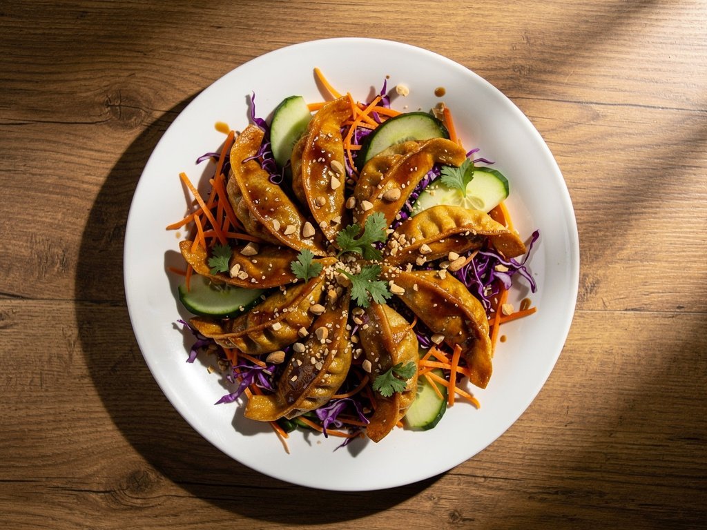 Crispy Sesame Chicken Gyoza Salad with Sweet Soy Glaze