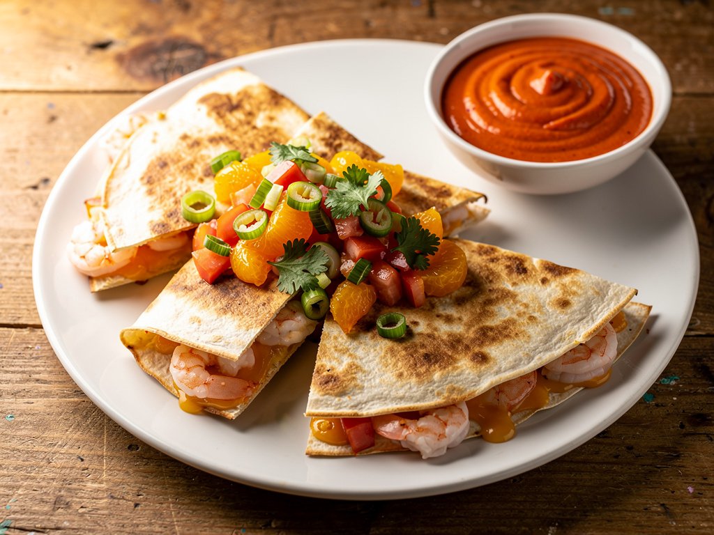 Crispy Shrimp Quesadillas with Mandarin Salsa and Smoky Red Pepper Crema