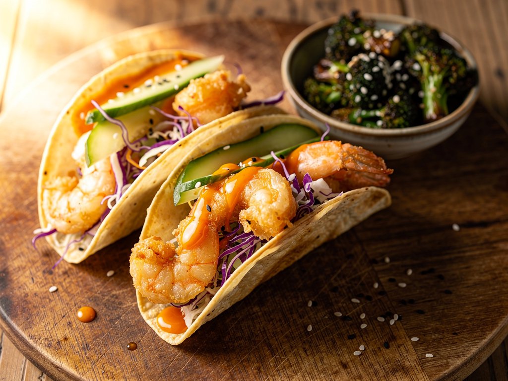 Crispy Shrimp Tempura Tacos with Spicy Sweet Sauce and Sesame Broccoli